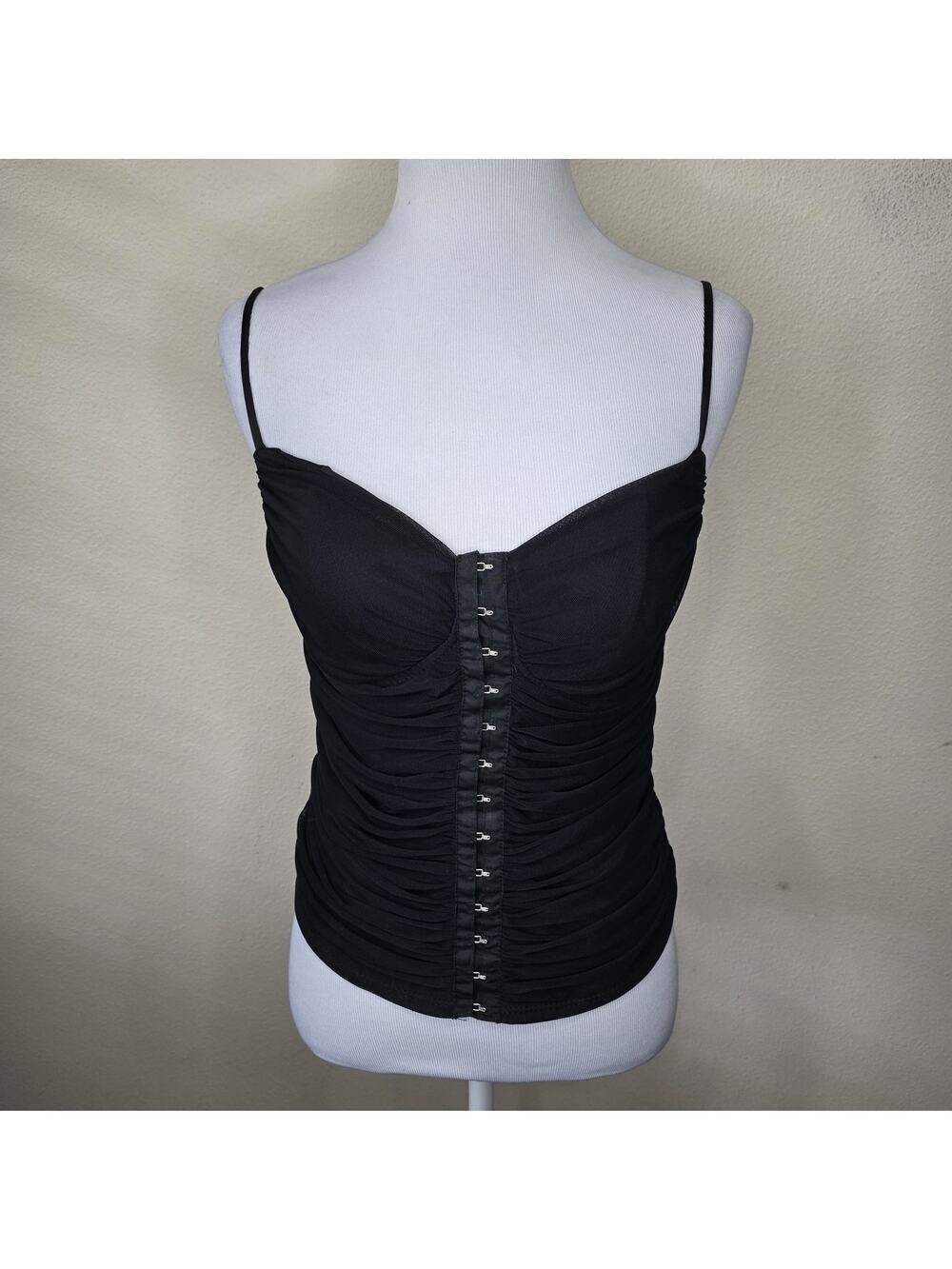 MOA MOA BABYDOLL BLACK CORSET TOP SIZE XL FRONT MESH HOOK CLOSURE RUCHED SIDES